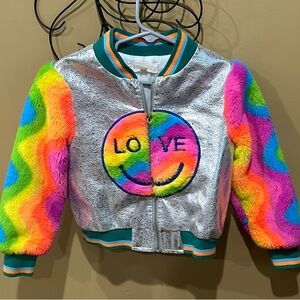 🌈 Baby Sara Girls’ Rainbow Fur & Metallic Bomber Jacket - Size 4 🌈